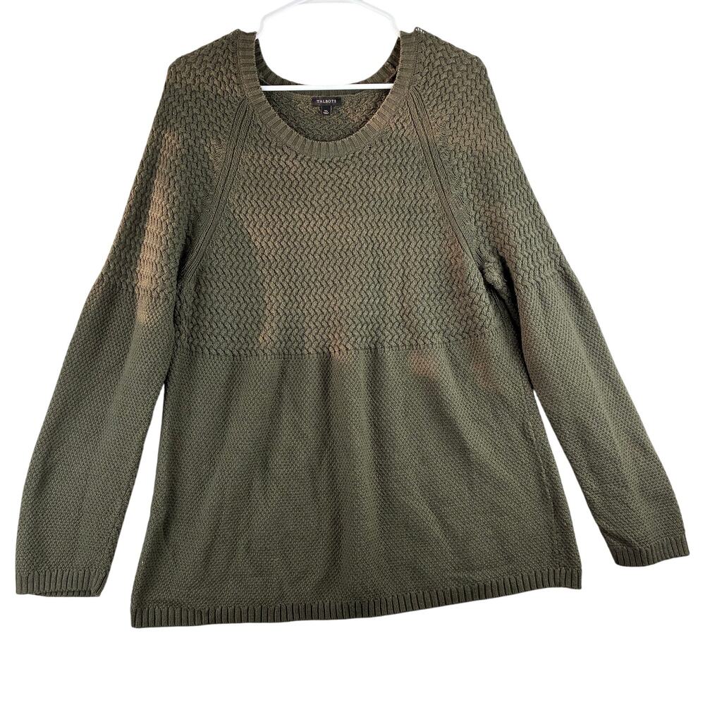 Talbots Chunky Knit Sweater Womens XL Earthy Green Cotton Rayon Nylon Cashmere